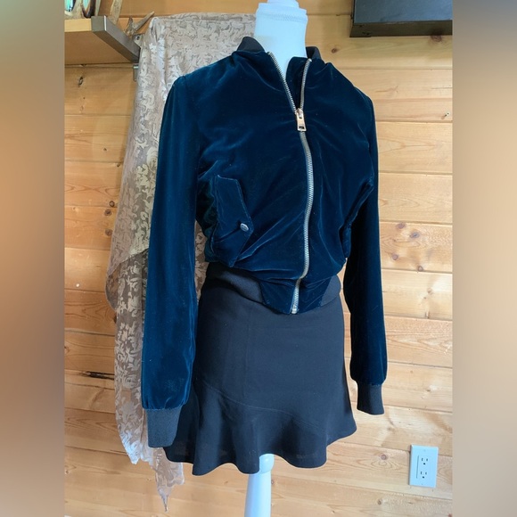 Vintage Y2K 90s Bomber Jacket Velvet Royal Blue Preppy Velour Twee Coquette 1990 - Picture 1 of 16